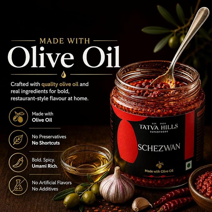 Sauce | Schezwan (Made With Olive Oil ) -Sichuan Chilli Garlic Sauce – No Added Preservatives &amp; Additives Free – Tatva Hills – 180gm