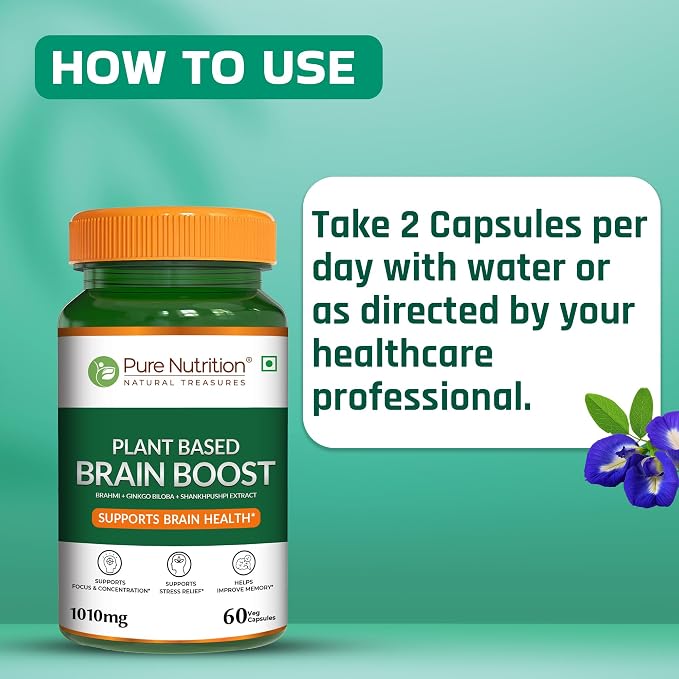 Brain Boost Plant Based (1010mg)-Ginkgo Biloba &amp; Shankhpushpi , Focus &amp; Clarity – Supports Brain Health, Stress Relife – Pure Nutrition – 60 Veg Capsules