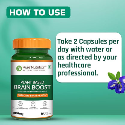 Brain Boost Plant Based (1010mg)-Ginkgo Biloba &amp; Shankhpushpi , Focus &amp; Clarity – Supports Brain Health, Stress Relife – Pure Nutrition – 60 Veg Capsules