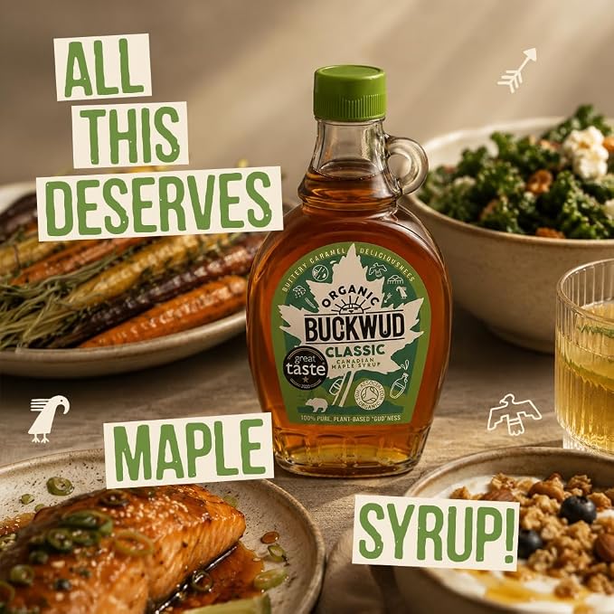 Classic Candian Maple Syrup- Buttery Caramel Flavour, Plant-Based, Suitable for Vegans &amp; Vegetarians-Perfect In Hot Drinks- No Preservatives  –Organic Buckwud – 250ml