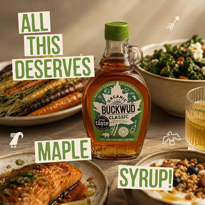 Classic Candian Maple Syrup- Buttery Caramel Flavour, Plant-Based, Suitable for Vegans &amp; Vegetarians-Perfect In Hot Drinks- No Preservatives  –Organic Buckwud – 250ml