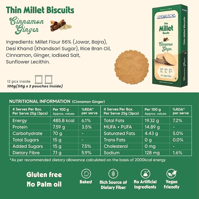 Millet Cracker - Cinnamon Ginger -Gluten-Free, No Palm Oil - Jowar &amp; Bajra Base - No maida No wheat - No Artificial Ingredients - Made with Desi Khand - High Fibre, Vegan, Baked- Right Crunch - 100gm