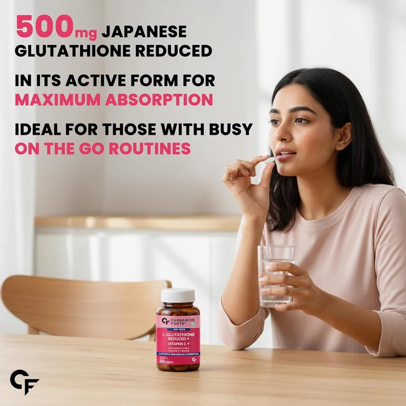 Japanese Reduced L Glutathione-Hyaluronic Acid + Vitamin C &amp; E With Biotin for Hydration &amp; Even Tone-   Carbamide Forte-30 Tablets