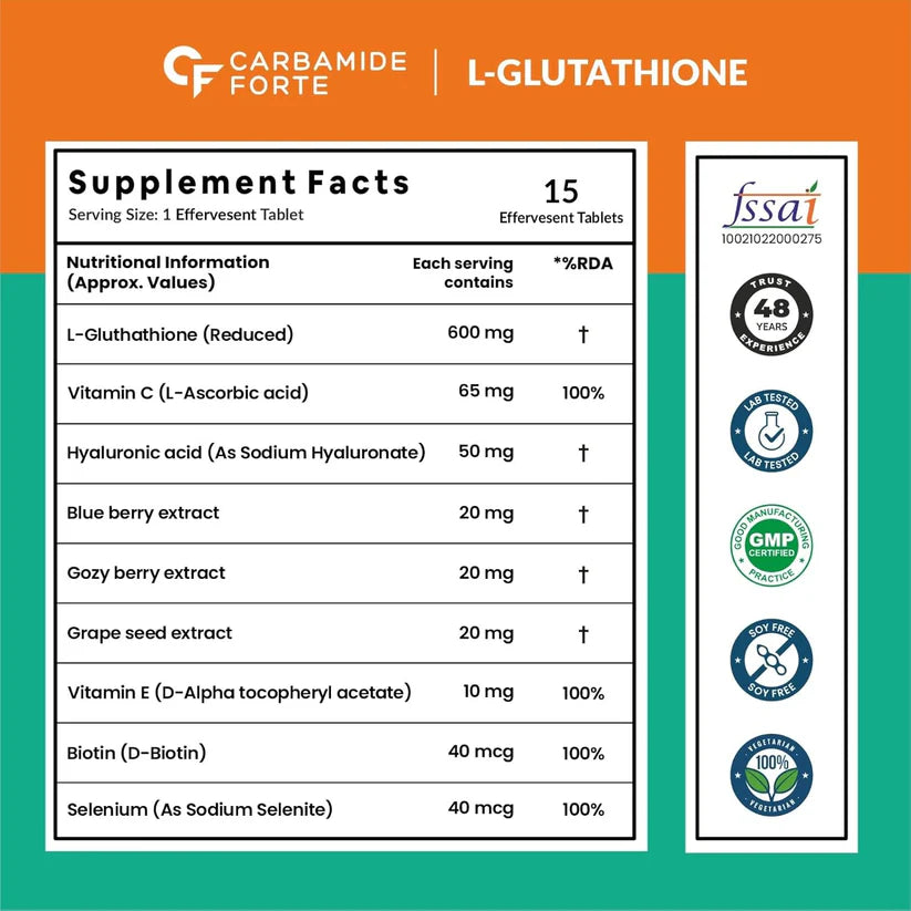 L-Glutathione Reduced Orange Flavour Hyaluronic Acid-Vitamin E- Biotin Supports Skin Radiance &amp; Glow Carbamide Forte-15 Tablets