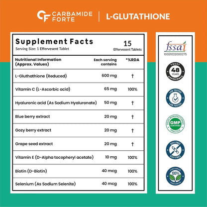 L-Glutathione Reduced Orange Flavour Hyaluronic Acid-Vitamin E- Biotin Supports Skin Radiance &amp; Glow Carbamide Forte-15 Tablets
