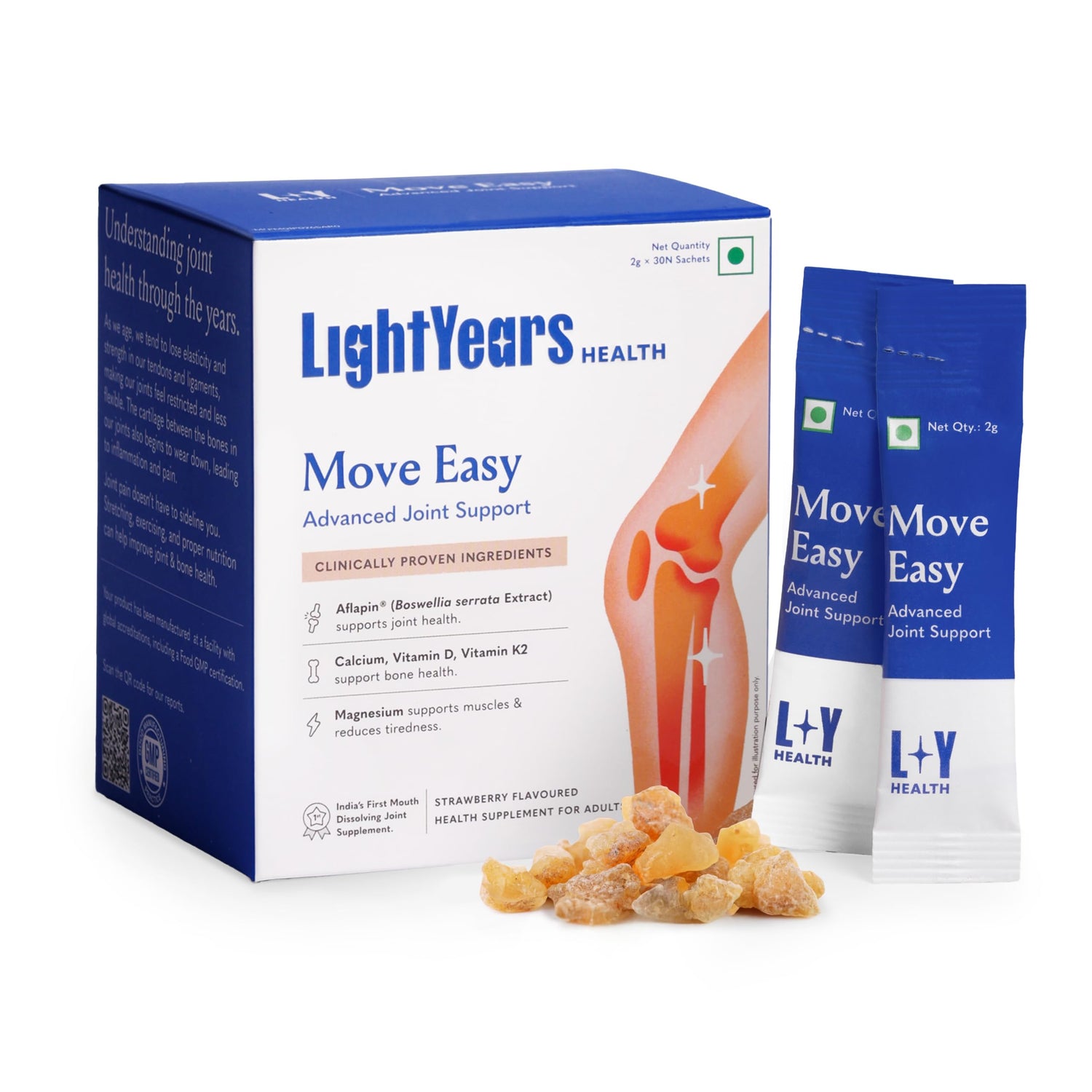 Health Supplements | Move Easy - Advanced Joint Support (Strawberry Flavoured) - Clinically Proven Ingredients-Zero Gram Sugar, No Artificial Sweeteners -Light Years Health - 2g*30 Sachets