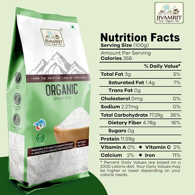 Flour | Wheat Atta- Vegan - 100% Certified Organic- Pesticide-Free, Preservative-Free- Jivamrit - 1000gm