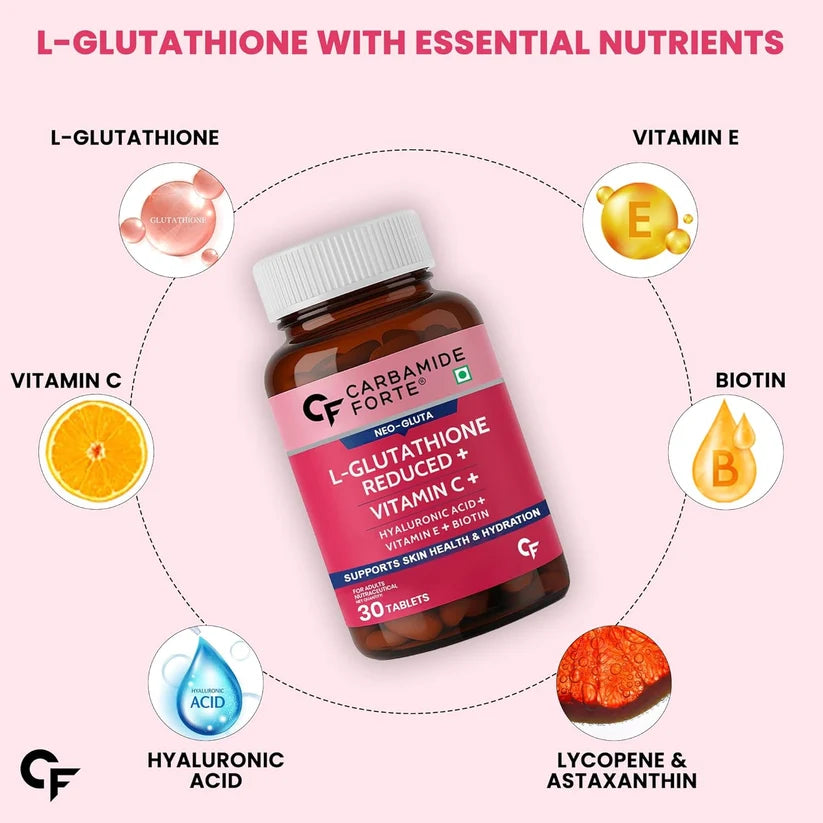Japanese Reduced L Glutathione-Hyaluronic Acid + Vitamin C &amp; E With Biotin for Hydration &amp; Even Tone-   Carbamide Forte-30 Tablets