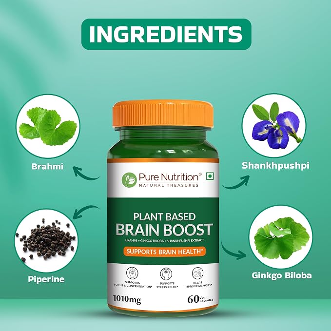 Brain Boost Plant Based (1010mg)-Ginkgo Biloba &amp; Shankhpushpi , Focus &amp; Clarity – Supports Brain Health, Stress Relife – Pure Nutrition – 60 Veg Capsules