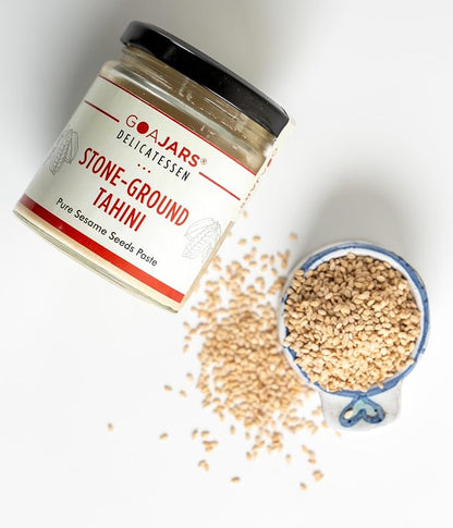Tahini | Stone Ground Tahini - 100% Pure And Raw Sesame Seed Paste (Made With Grinding Stones) - 100% Natural - Vegan &amp;amp; Gluten Free - GOAJARS - 180gm