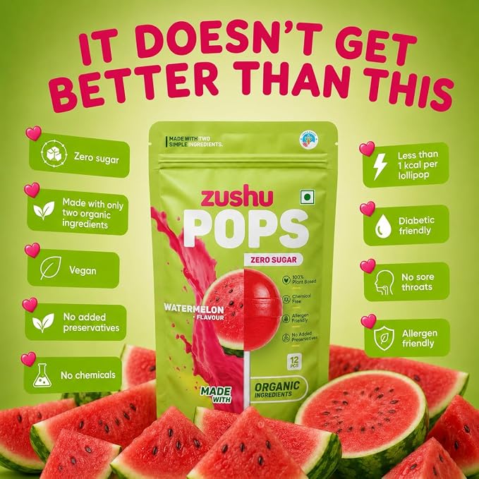 Lollipops | Watermelon Flavour (Zero Sugar) -Vegan- Made With Organic Ingredients - 100% Plant Based , Chemical Free, No Refined Sugar- Zushu - 12Pops - 120gm