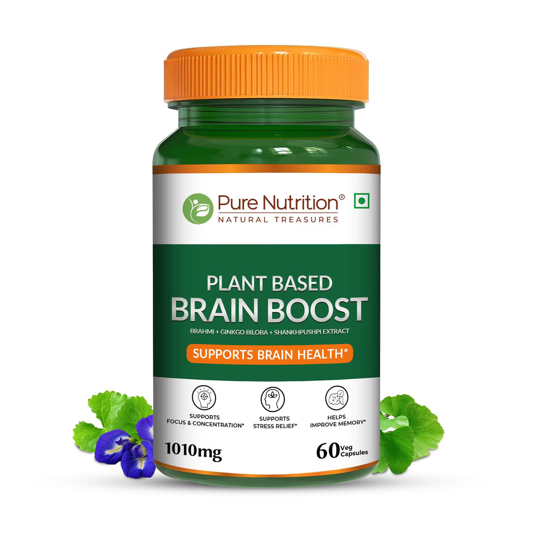 Brain Boost Plant Based (1010mg)-Ginkgo Biloba &amp; Shankhpushpi , Focus &amp; Clarity – Supports Brain Health, Stress Relife – Pure Nutrition – 60 Veg Capsules