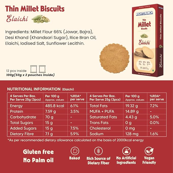 Millet Cracker - Elaichi -Thin Millet Biscuit - Gluten-Free, No Palm Oil - Jowar &amp; Bajra Base - Zero maida or wheat - No Artificial Ingredients - Made with Desi Khand - High Fibre, Vegan, Baked - Right Crunch - 120gm