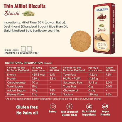 Millet Cracker - Elaichi -Thin Millet Biscuit - Gluten-Free, No Palm Oil - Jowar &amp; Bajra Base - Zero maida or wheat - No Artificial Ingredients - Made with Desi Khand - High Fibre, Vegan, Baked - Right Crunch - 120gm