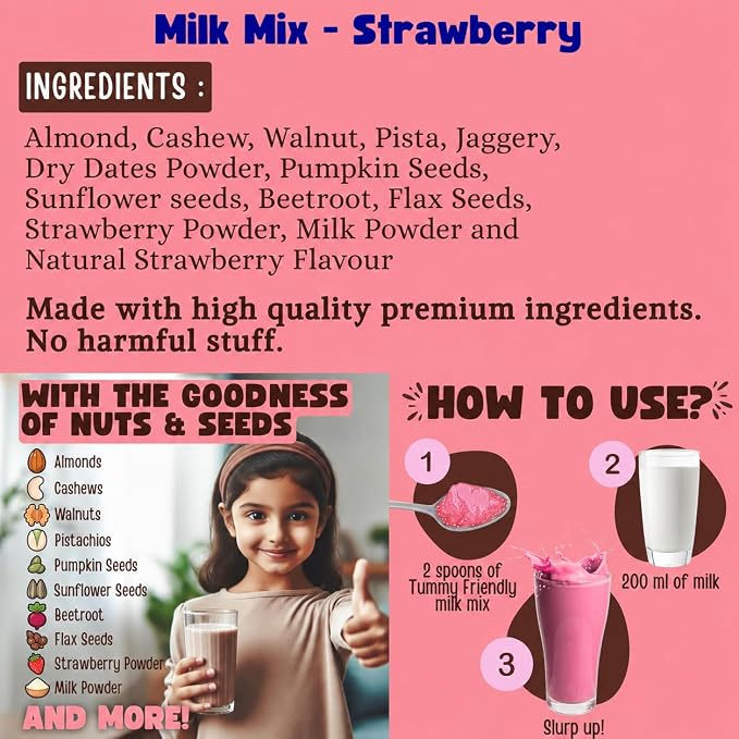 Milk Mix | Strawberry (Nuts &amp; Seeds)  - 100% Natural - No Sugar, Preservatives Free &amp; Chemical Free - Tummy  Friendly - 100gm