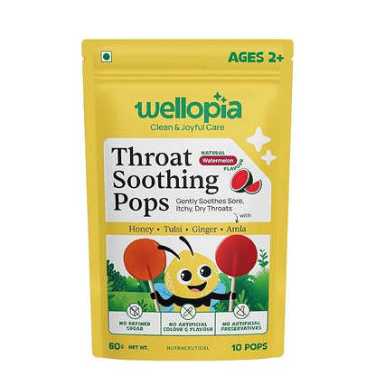 Pops | Throat Soothing Pops (Ages 2+)-Natural Watermelon Flavour  -No Artificial Preservatives - No Artificial Colors- No Refined Sugar - Wellopia - 10 Pops -60gm