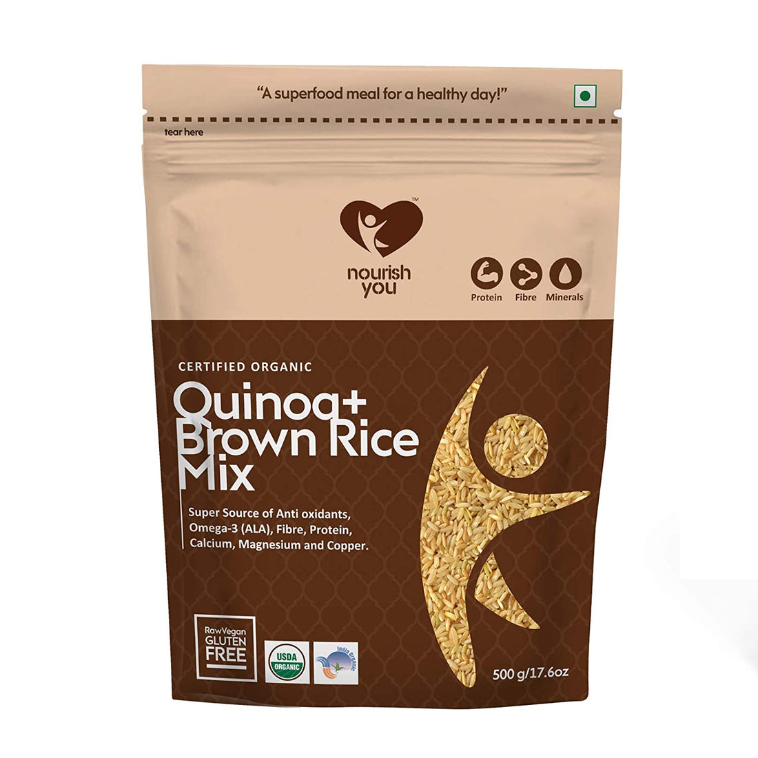 Rice | Quinoa With Brown Rice - Vegan, Gluten Free, Super Source Of Antioxidants Omega-3 Ala, Fibre, Protein, Calcium, Magnesium & Copper - Nourish You - 500gm