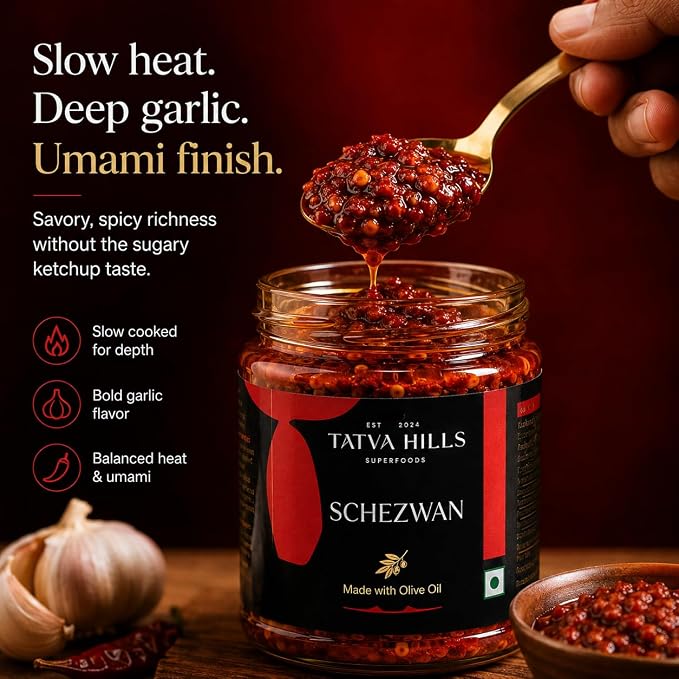 Sauce | Schezwan (Made With Olive Oil ) -Sichuan Chilli Garlic Sauce – No Added Preservatives &amp; Additives Free – Tatva Hills – 180gm