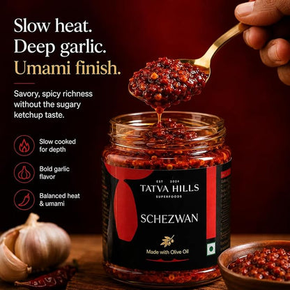 Sauce | Schezwan (Made With Olive Oil ) -Sichuan Chilli Garlic Sauce – No Added Preservatives &amp; Additives Free – Tatva Hills – 180gm