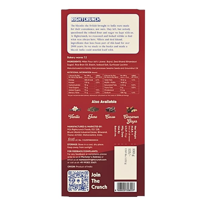 Millet Cracker - Elaichi -Thin Millet Biscuit - Gluten-Free, No Palm Oil - Jowar &amp; Bajra Base - Zero maida or wheat - No Artificial Ingredients - Made with Desi Khand - High Fibre, Vegan, Baked - Right Crunch - 120gm