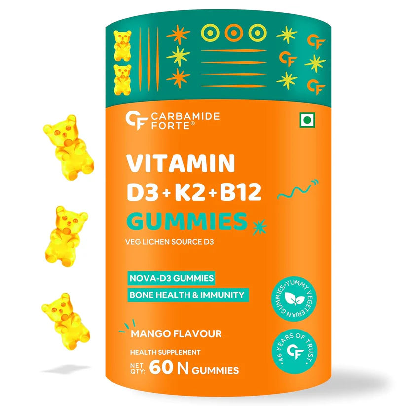 Gummies | Vitamin(D3 + K2 MK7 + B12)- Mango Flavour (Nova -D3 Gummies) - Veg Lichen Source D3 - Bone Health &amp; Immunity - No Added Sugar - Carbamide Forte - 60 N Gummies