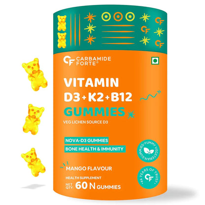Gummies | Vitamin(D3 + K2 MK7 + B12)- Mango Flavour (Nova -D3 Gummies) - Veg Lichen Source D3 - Bone Health &amp; Immunity - No Added Sugar - Carbamide Forte - 60 N Gummies