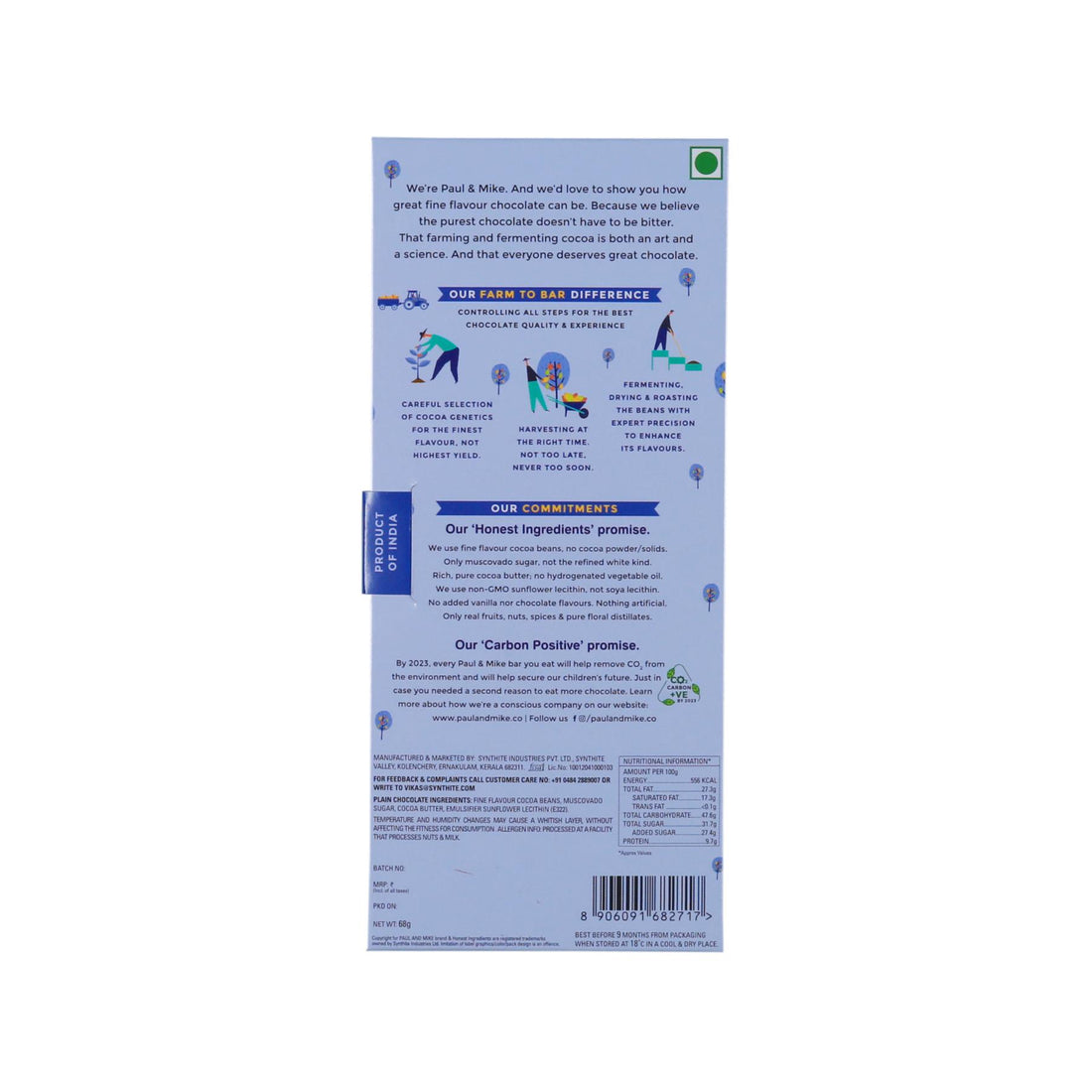 72% Dark Plain Chocolate - Vegan &amp; Soy Free – Paul &amp; Mike – 68gm