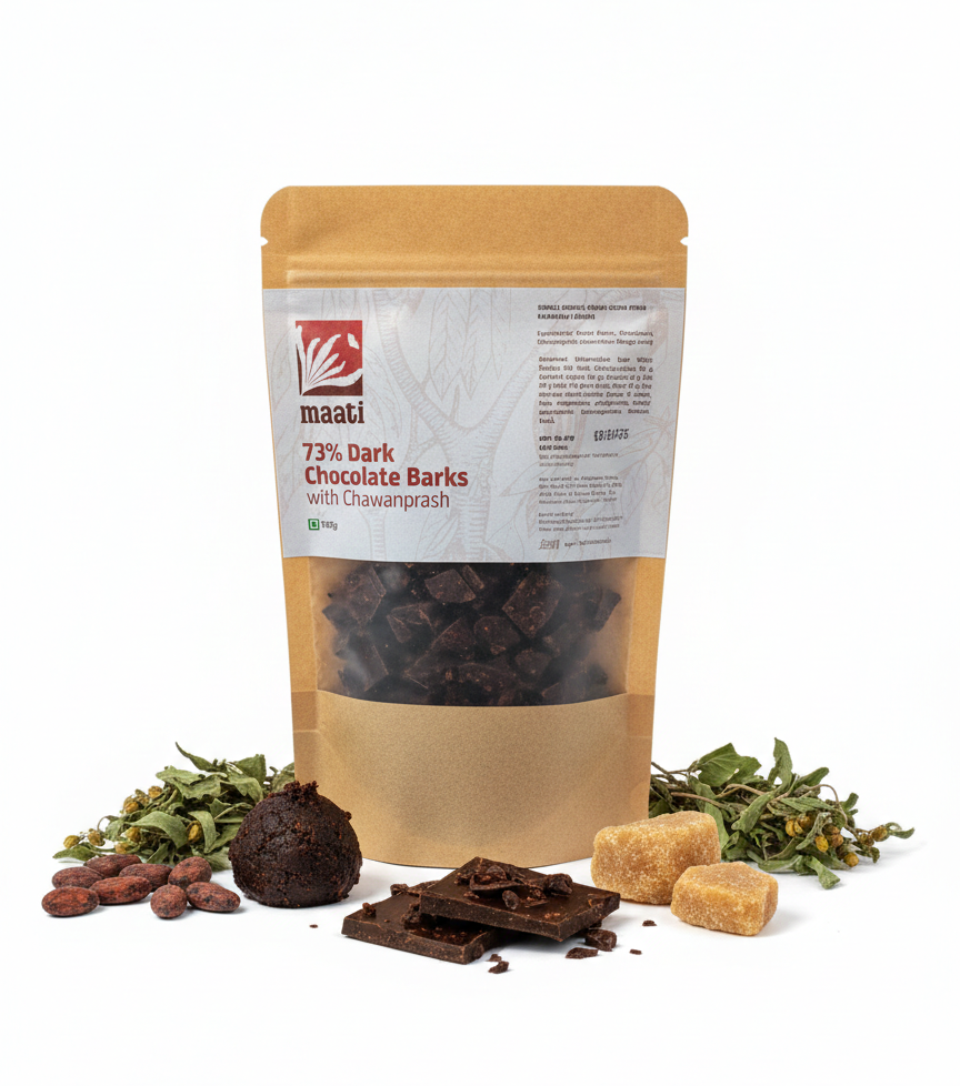 Chocolate Barks- 73% Chocolate Barks with Chawanprash  -Zero Preservatives- Zero Refined Sugar- Maati-135gm