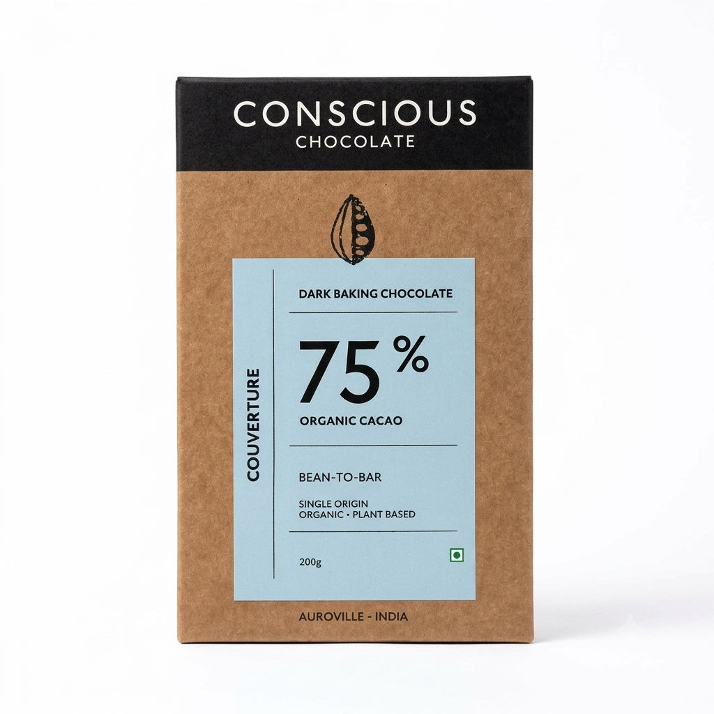 Dark Chocolate | 75% Couverture Dark Baking Chocolate – Vegan, Gluten Free & Soy Free – Conscious Living – 200gm