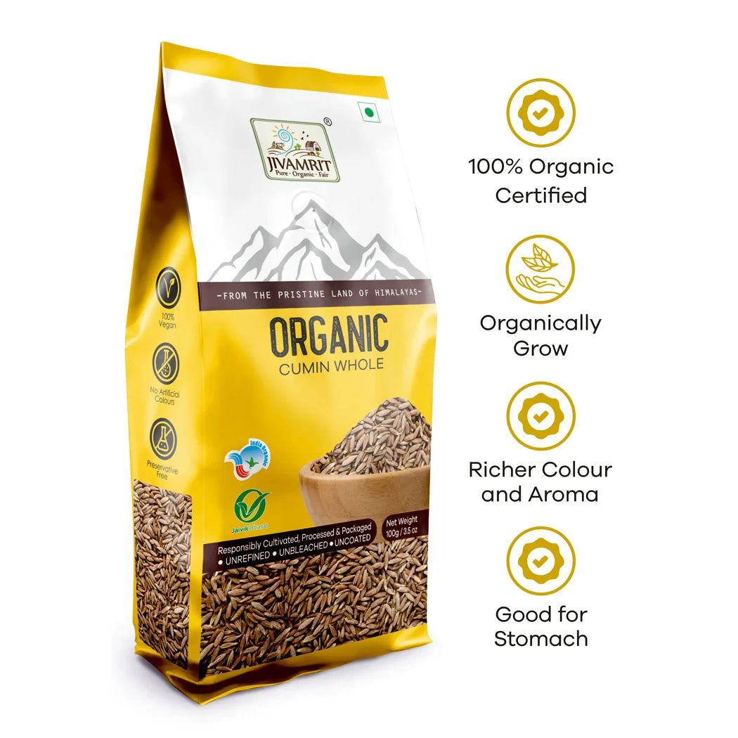 Seeds | Organic Cumin Whole Seed  (Sabut Jeera) - Pure Healthy &amp; Aromatic- No Preservatives- Jivamrit – 100gm