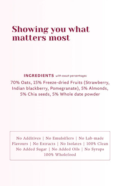 Clean Oats (Red Fruit )- Freeze Dried fruit &amp; Date Sweetened- 100% Wholefood, Plant Based -No additives , No emulsifiers, No Added Oils , No Syrups – Safe Bee – 60gm
