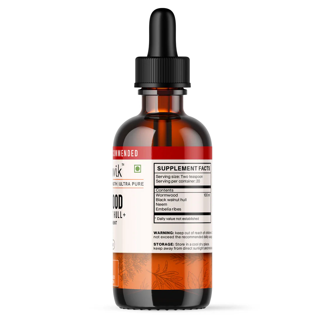 Tincture | 80% Wormwood Plus Black Walnut Hull Extract Tincture Liquid - Vegan, Gluten Free & Non GMO - Vaastavik - 100ml