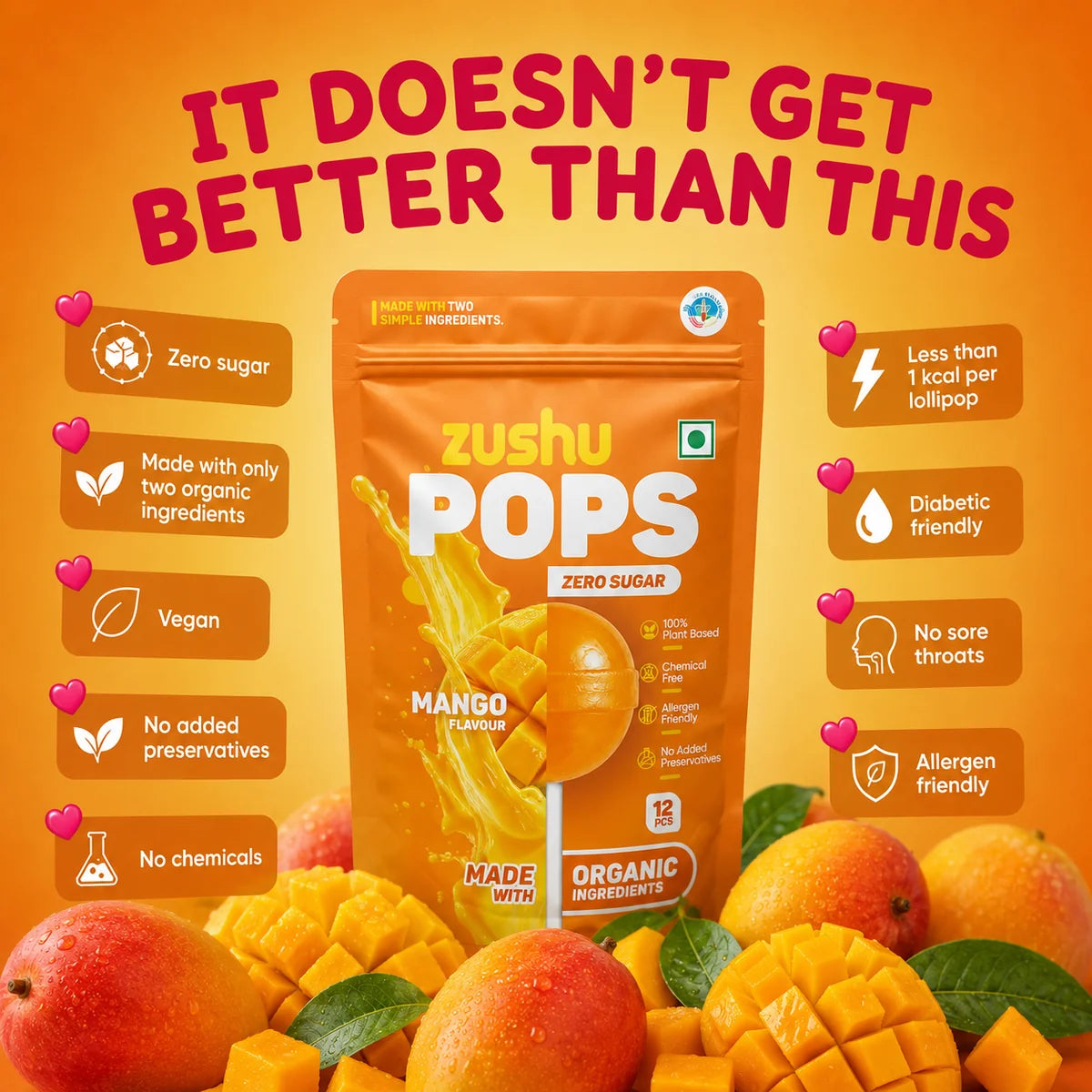 Lollipops | Mango Flavour (Zero Sugar) -Vegan- Made With Organic Ingredients - 100% Plant Based , Chemical Free, No Refined Sugar- Zushu - 12Pops - 120gm