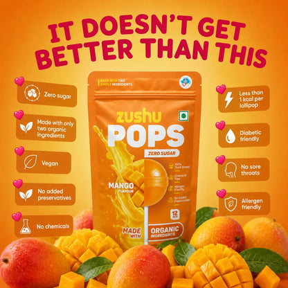 Lollipops | Mango Flavour (Zero Sugar) -Vegan- Made With Organic Ingredients - 100% Plant Based , Chemical Free, No Refined Sugar- Zushu - 12Pops - 120gm
