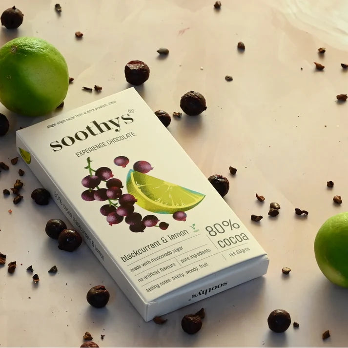 Chocolate | 80% Dark Vegan Chocolate Bars ( Blackcurrant and Lemon)- Cocoa Beans -No Palm Oil , No artificial flavors or emulsifiers - Soothys - 88gm