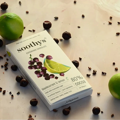 Chocolate | 80% Dark Vegan Chocolate Bars ( Blackcurrant and Lemon)- Cocoa Beans -No Palm Oil , No artificial flavors or emulsifiers - Soothys - 88gm