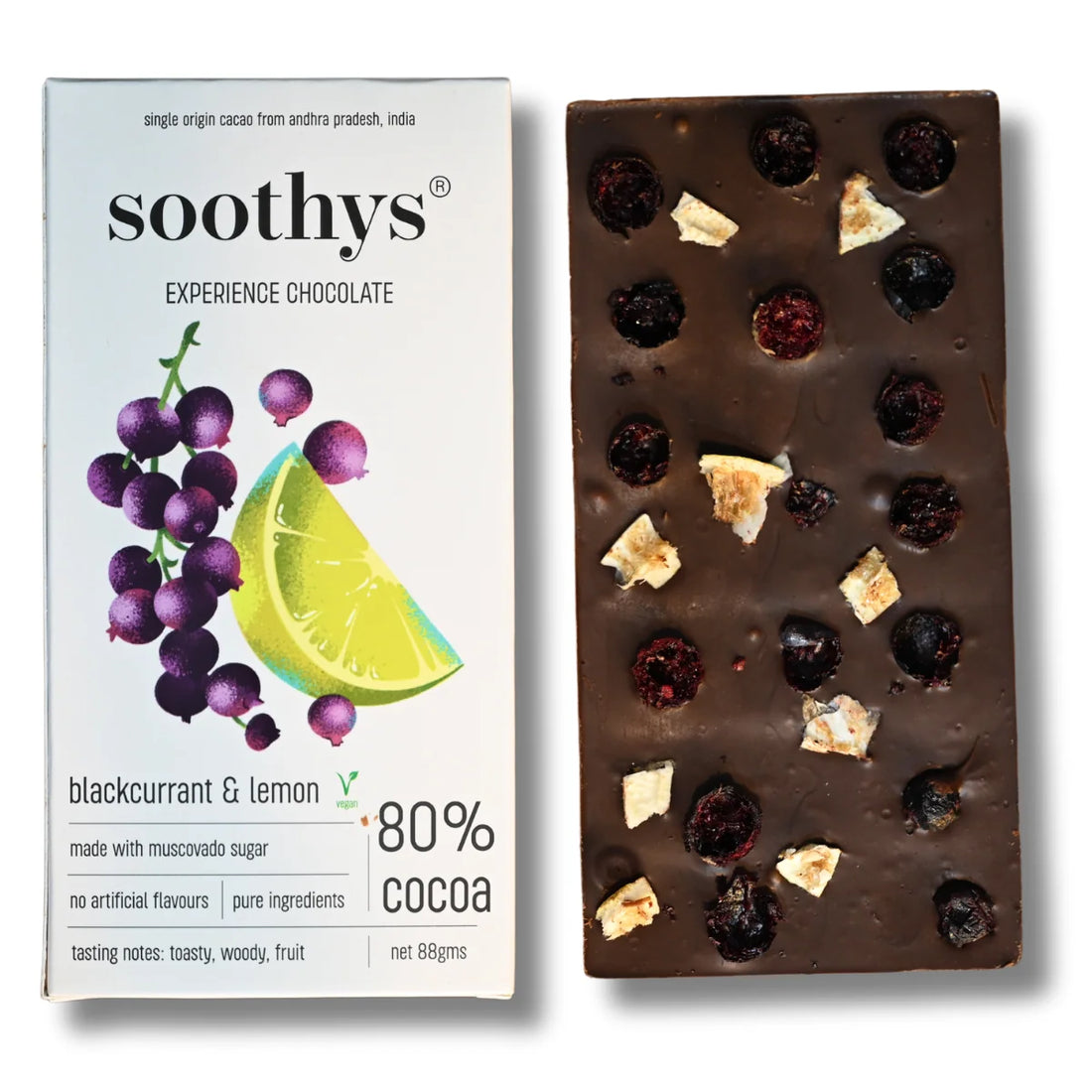 Chocolate | 80% Dark Vegan Chocolate Bars ( Blackcurrant and Lemon)- Cocoa Beans -No Palm Oil , No artificial flavors or emulsifiers - Soothys - 88gm