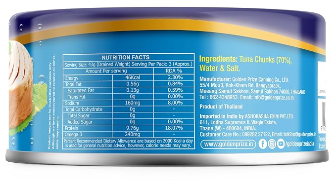 Tuna Chunks (Spring Water)-Omega -No Preservative &amp; Artificial Colours – Golden Prize – 200gm