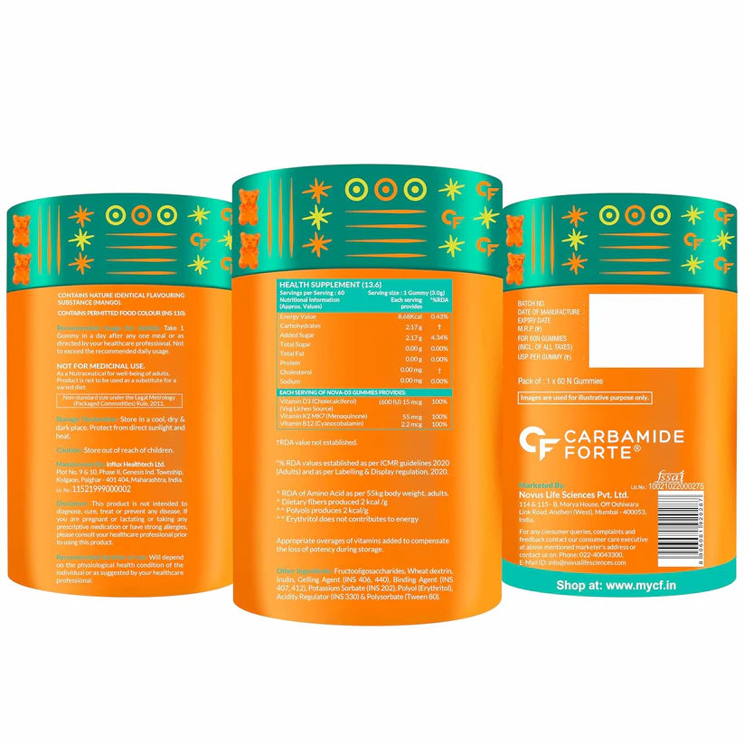 Gummies | Vitamin(D3 + K2 MK7 + B12)- Mango Flavour (Nova -D3 Gummies) - Veg Lichen Source D3 - Bone Health &amp; Immunity - No Added Sugar - Carbamide Forte - 60 N Gummies