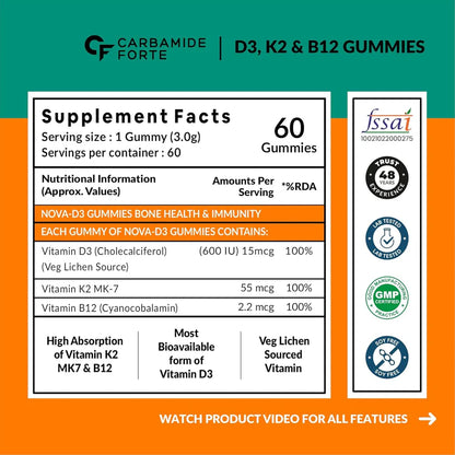 Gummies | Vitamin(D3 + K2 MK7 + B12)- Mango Flavour (Nova -D3 Gummies) - Veg Lichen Source D3 - Bone Health &amp; Immunity - No Added Sugar - Carbamide Forte - 60 N Gummies