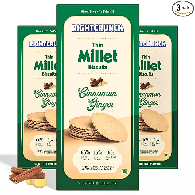 Millet Cracker - Cinnamon Ginger -Gluten-Free, No Palm Oil - Jowar &amp; Bajra Base - No maida No wheat - No Artificial Ingredients - Made with Desi Khand - High Fibre, Vegan, Baked- Right Crunch - 100gm