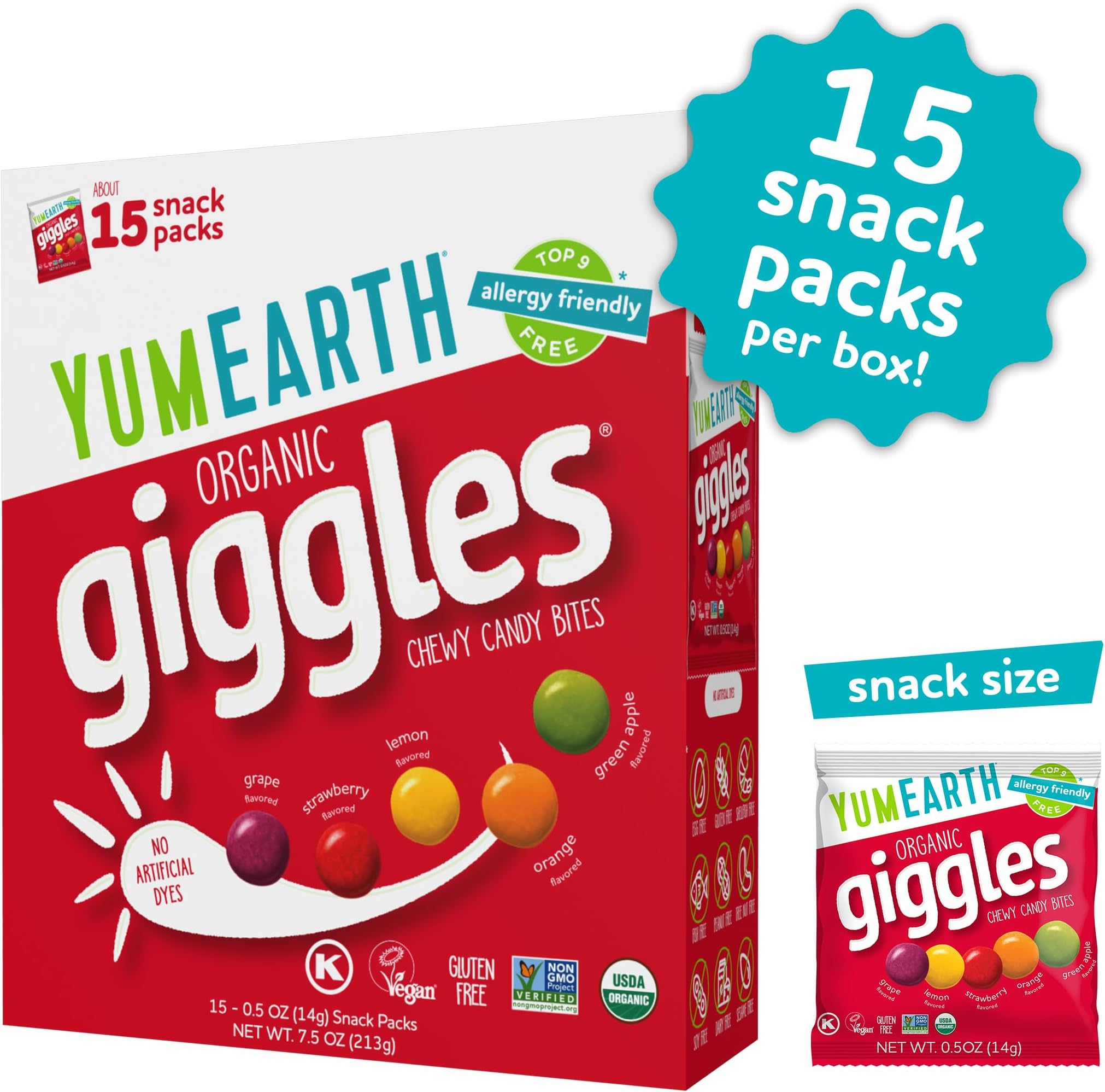 Candy | Giggles - USDA Organic - Vegan, Gluten Free, Non GMO &amp; No High Fructose Corn Syrup Or No Artificial Dyes - Yum Earth - 15 Snack Pack - 213gm