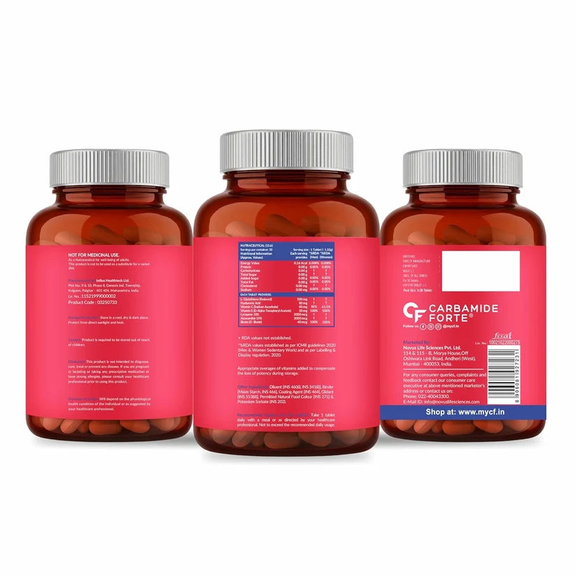 Japanese Reduced L Glutathione-Hyaluronic Acid + Vitamin C &amp; E With Biotin for Hydration &amp; Even Tone-   Carbamide Forte-30 Tablets