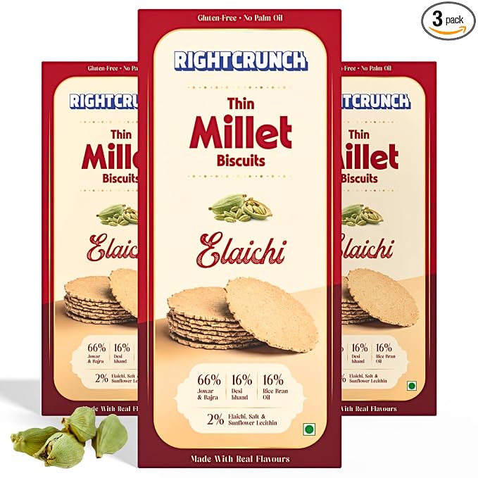 Millet Cracker - Elaichi -Thin Millet Biscuit - Gluten-Free, No Palm Oil - Jowar &amp; Bajra Base - Zero maida or wheat - No Artificial Ingredients - Made with Desi Khand - High Fibre, Vegan, Baked - Right Crunch - 120gm