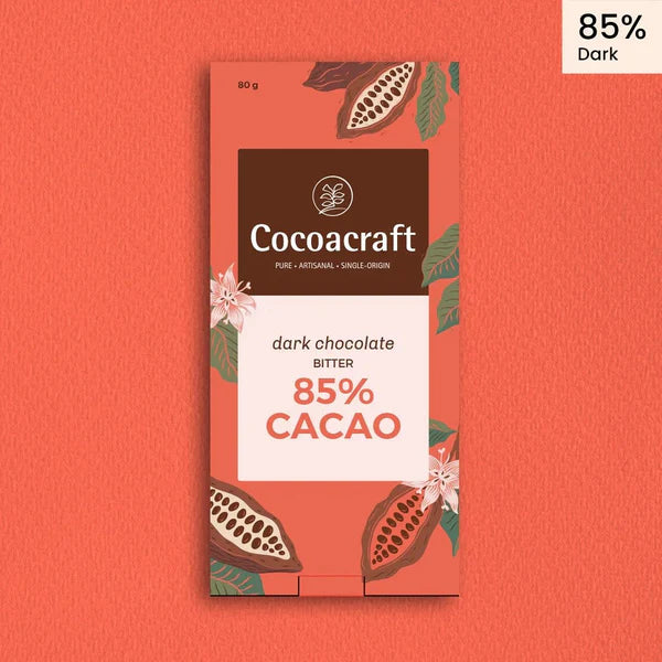 Dark Chocolate | 85% Cacao - Bitter - Preservatives Free, No Artificial Flavour, No hydrogenated oils - Cocoacraft - 80gm
