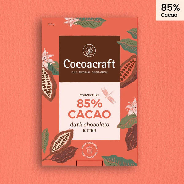 Dark Chocolate | 85% Dark Bitter Chocolate Couverture - Vegan, Gluten Free, Sugar Free &amp; Rich In Protein - Cocoacraft - 210gm