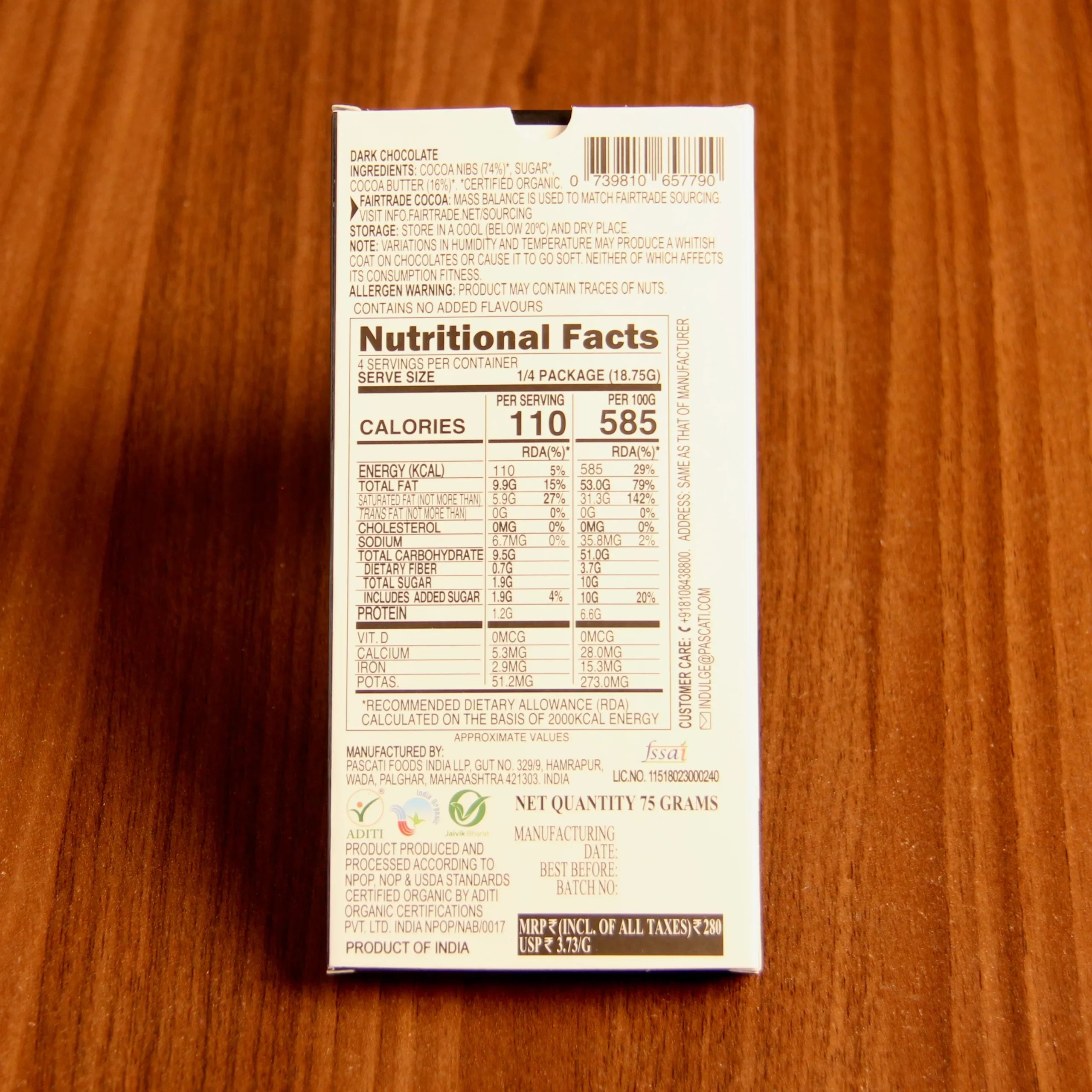 Dark Chocolate | 90% Dark Chocolate  – USDA Organic - Vegan &amp; Gluten Free - Pascati – 75gm