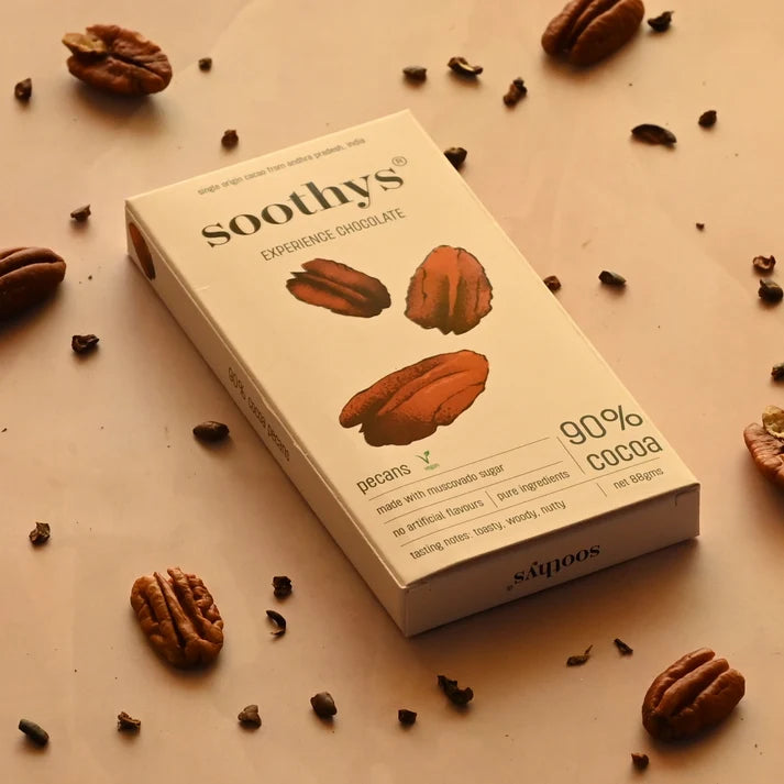 Chocolate | 90% Dark Vegan Chocolate Bars ( Pecans )- Cocoa Beans -No Palm Oil , No artificial flavors or emulsifiers - Soothys - 88gm