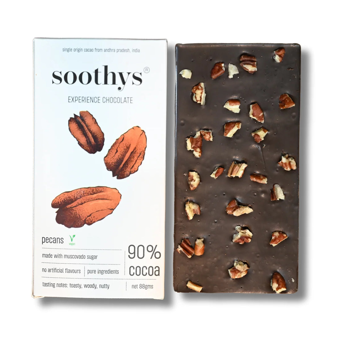 Chocolate | 90% Dark Vegan Chocolate Bars ( Pecans )- Cocoa Beans -No Palm Oil , No artificial flavors or emulsifiers - Soothys - 88gm