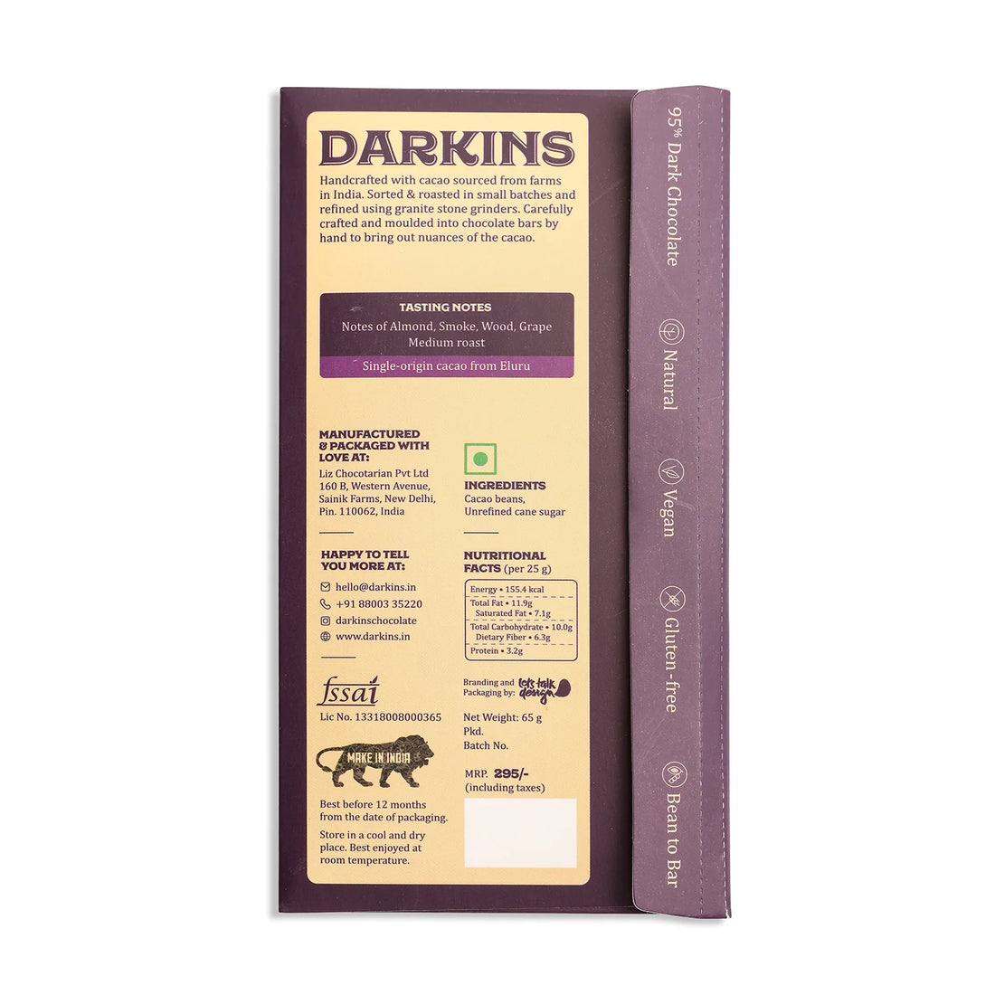 Dark Chocolate | 95% Single Origin Dark Chocolate - Vegan & Gluten Free - Andhra – Darkins – 65gm